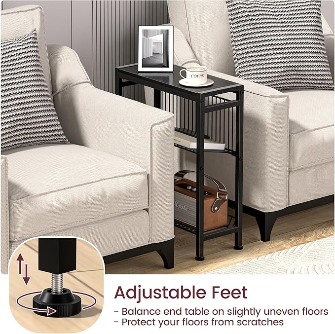 Narrow Side Table for Small Space, 3-Tier End Table with Magazine Holder, Slim Nightstand with Wire Shelf, Skinny Bedside Table in Living Room, Bedroom, Study, Kitchen and Balcony (Black)