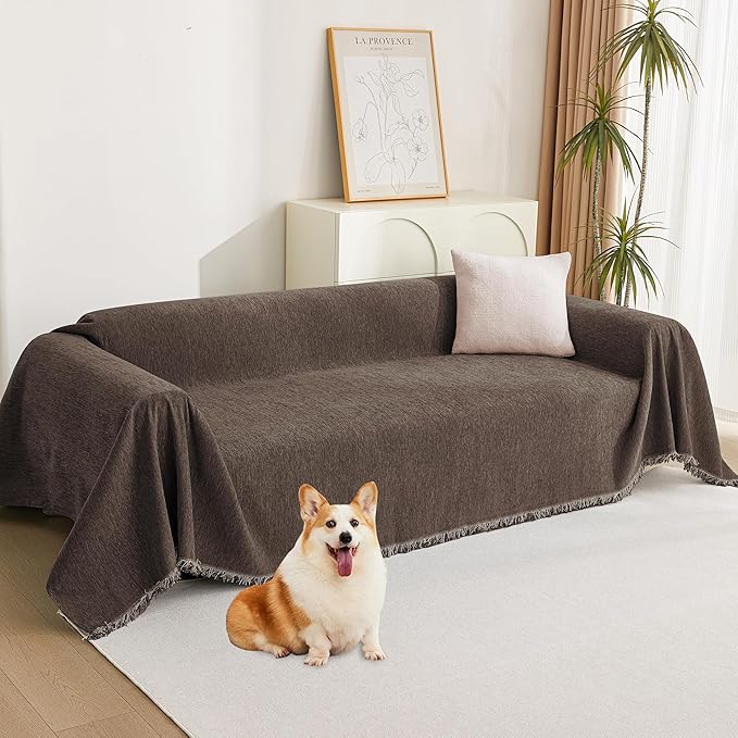 MYSKY HOME Couch Covers for 3 Cushion Couch Sofa, Chenille L Shape Sectional Couch Cover - Pet-Friendly, Machine Washable, Non-Slip Sofa Protector for Dogs, Kids, 71"x118", Deep Chocolate