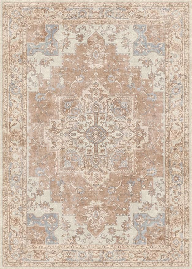 GENIMO 6x9 Area Rugs for Living Room, Non Slip Machine Washable Retro Rugs, Low Pile Chenille Print Rug for Bedroom, Dining Room, Home Office, Orange