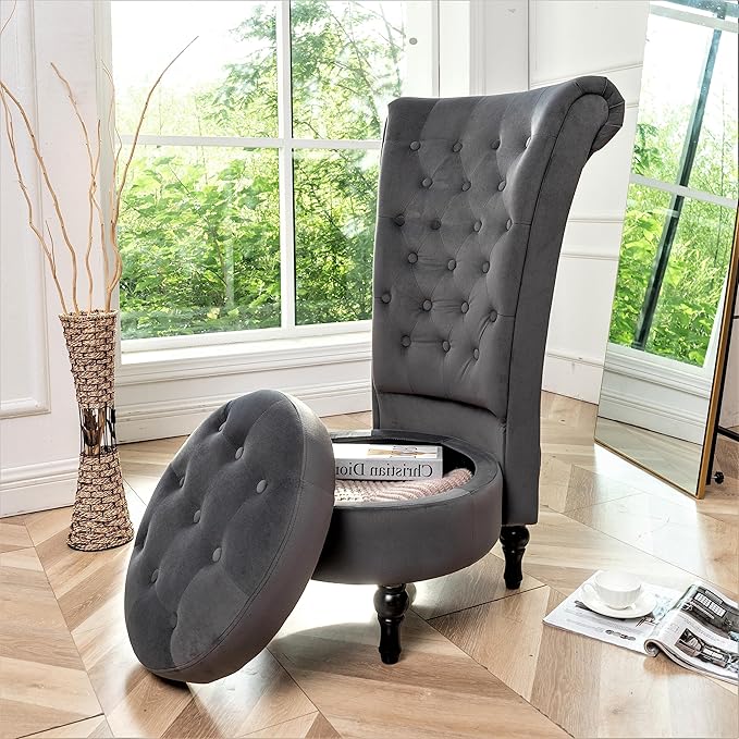 Container Furniture Direct Royal High-Back Velvet Accent Chair for Vanity with Storage and Luxurious Upholstery, Retro Design and Versatile Usage for Livingroom, Bedroom, Lounge and Office, Grey