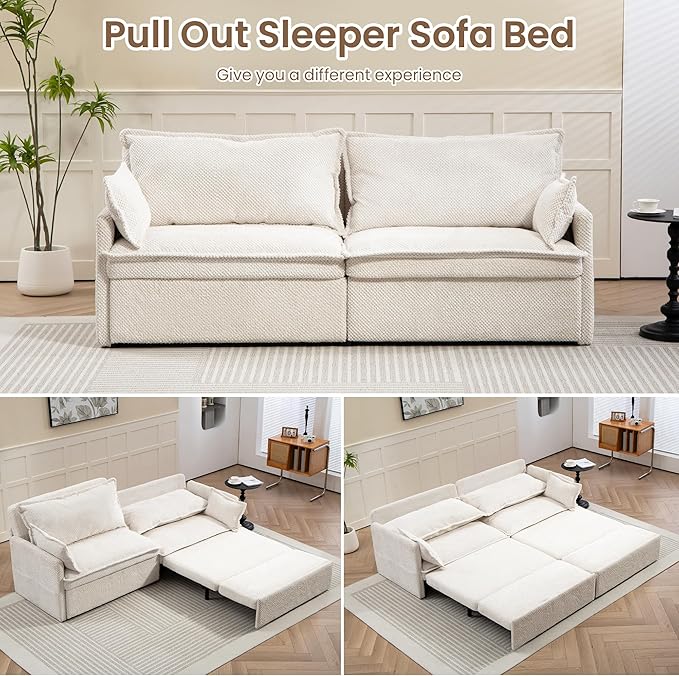 Furnimart 73.6" King Size Pull Out Sofa Bed, 3 in 1 Convertible Sleeper Bed with USB/C-Type Charging Ports & Side Pockets, Modern Futon Couch for Living Room, Apartment, Bedroom, Corduroy White