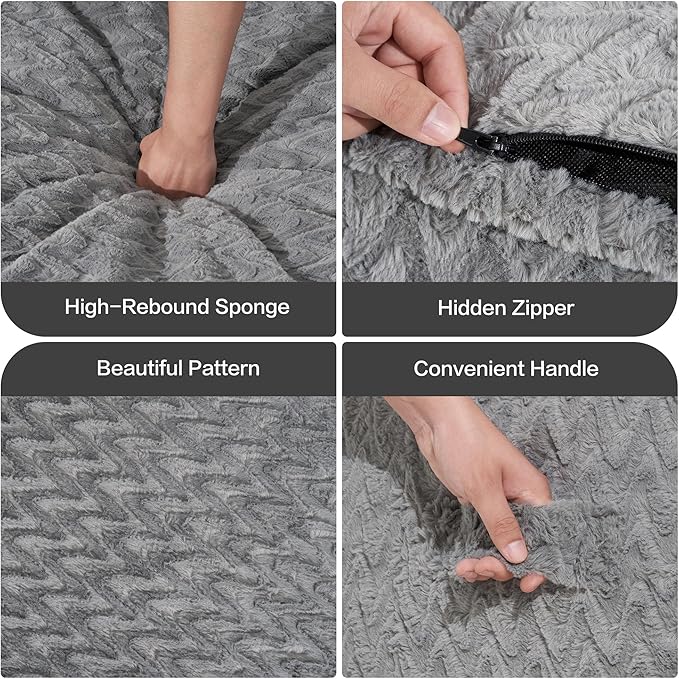 Hobestluk 3ft Bean Bag Chairs for Adults Large Beanbag Chair with Chevron Plush Fur Cover Big Bean Bag Chair for Living Room Bedroom Dorm Office - Grey (36” x 36” x 22”)