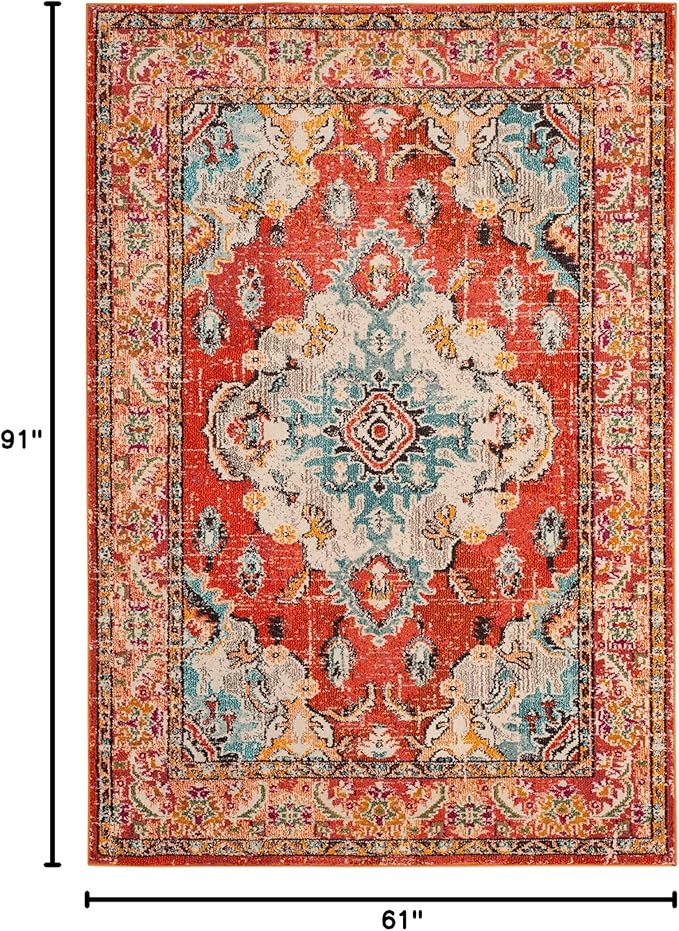 SAFAVIEH Monaco Collection Area Rug - 5'1" x 7'7", Orange & Light Blue, Boho Chic Medallion Distressed Design, Non-Shedding & Easy Care, Ideal for High Traffic Areas in Living Room, Bedroom (MNC243H)