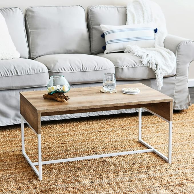 Household Essentials Wrap Rectangular Coffee Table Coastal Oak Rustic Wood Grain and White Metal