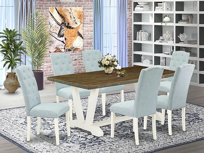 East West Furniture V077CE215-7 7 Piece Dining Set Consist of a Rectangle Dining Room Table with V-Legs and 6 Baby Blue Linen Fabric Upholstered Parson Chairs, 40x72 Inch, Multi-Color