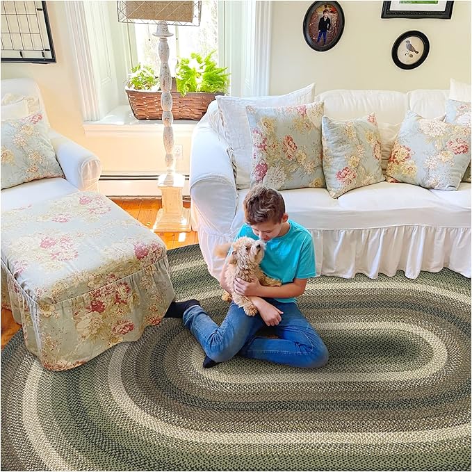 Homespice Pinecone Oval Braided Rug 5x8' - Rustic Jute Braided Dark Green Rug for Bedroom and Living Room