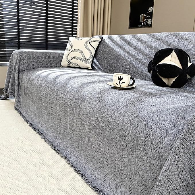Nobildonna Sofa Cover Washable Soft Thicken Chenille Couch Cover with Tassel,Waterproof Sofa Slipcovers for 2 Cushion Couch,Loveseat,Futon Couch Furniture Protector Pet-Friendly,Dark Gray 71"x102"