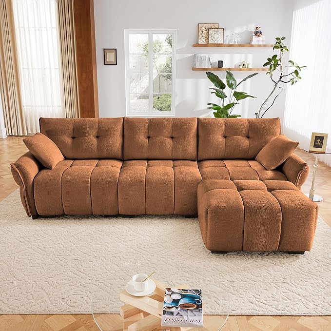 Modern Chenille Fabric 3-Seat Sofa w/Ottoman+2 Pillows, Premium Upholstery Living Room Couch with Tufted Backrest & Comfortable Armrests and High-Resilience Memory Foam Cushions,Orange