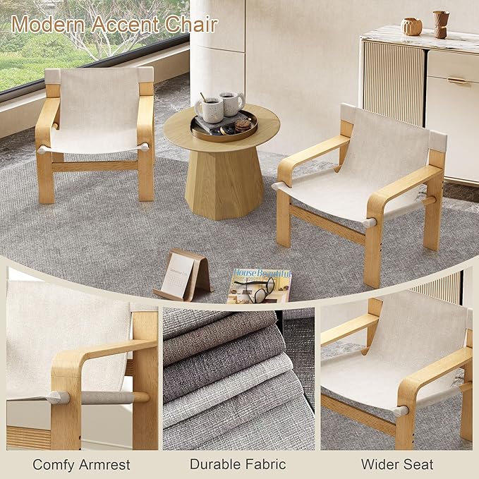 Ball & Cast Accent Chair Wide Armrest Mid-Century Lounge Living Room Chairs with Linen Fabric Armchair & Rubber Wood Frame,Detachable and Washable Seating Furniture for Bedroom,White