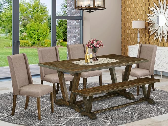East West Furniture V777FL716-6 6 Piece Dinette Set Contains a Rectangle Dining Room Table with V-Legs and 4 Dark Khaki Linen Fabric Parson Chairs with a Bench, 40x72 Inch, Multi-Color