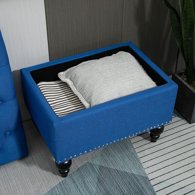 HOMCOM Ottoman with Storage for Living Room, 25" Storage Ottoman with Removable Lid, Button-Tufted Fabric Bench for Footrest and Seat with Wood Legs, Blue
