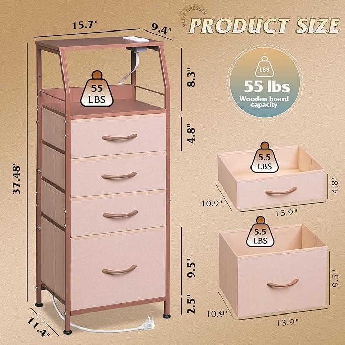 WLIVE 4 Drawer Dresser for Bedroom, 37" H Nightstand with Charging Station and Led Light, Tall Night Stand Bed Side Table, End Table with USB Ports and Outlets, Fabric Bins, Wood Shelf, Pink