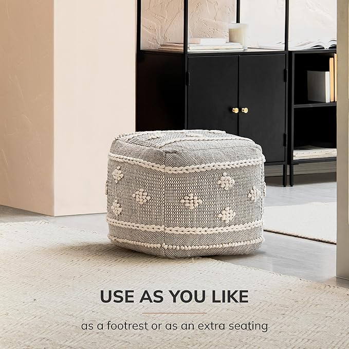 Anji Mountain 100% Handmade & Handcrafted Comfortable Home Décor Pouf Ottoman Footrest for Living Room, Bedroom, Nursery, Kidsroom, Patio Furniture - (20" x 20" x 20"- Black,Ivory)