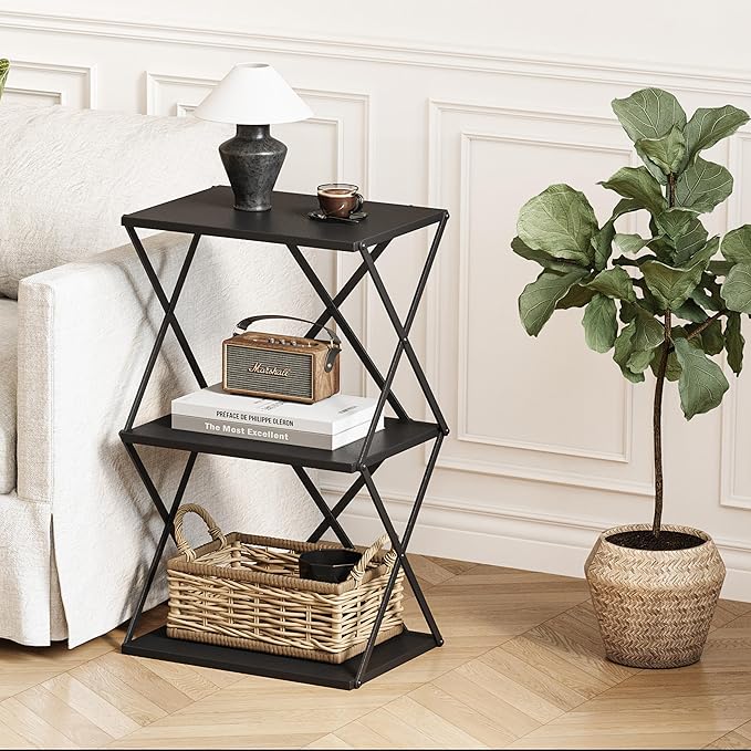 3-Tier End Table Small Side Table Tall Bedside Night Stand with Storage Sofa Side desks for Living Room Bedroom Office Bathroom Small Space Black ET-03BK