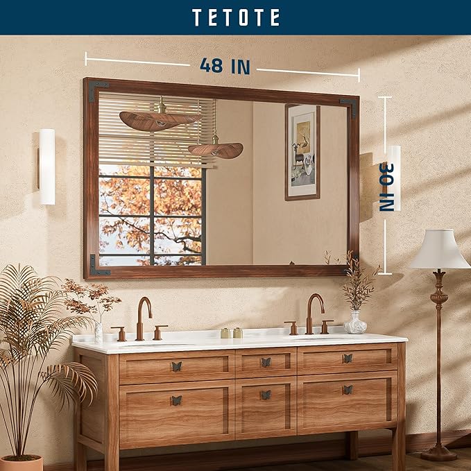 TETOTE 48 x 30 Walnut Wood Mirror for Bathroom Wall/Bedroom/Living Room/Entryway Farmhouse Rustic Wall Mirror Brown Waterproof (Horizontal/Vertical Mounted)