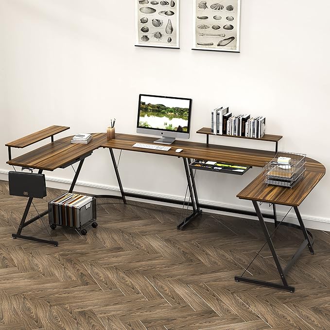 SHW 51 x 51 Inches Vista L-Shaped Desk with Monitor Stand and Drawer, Walnut