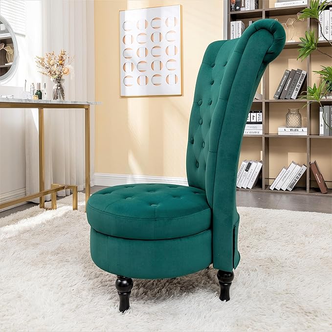 Container Furniture Direct Royal High-Back Velvet Accent Chair for Vanity with Storage and Luxurious Upholstery, Retro Design and Versatile Usage for Living Room, Bedroom, Lounge and Office, Green