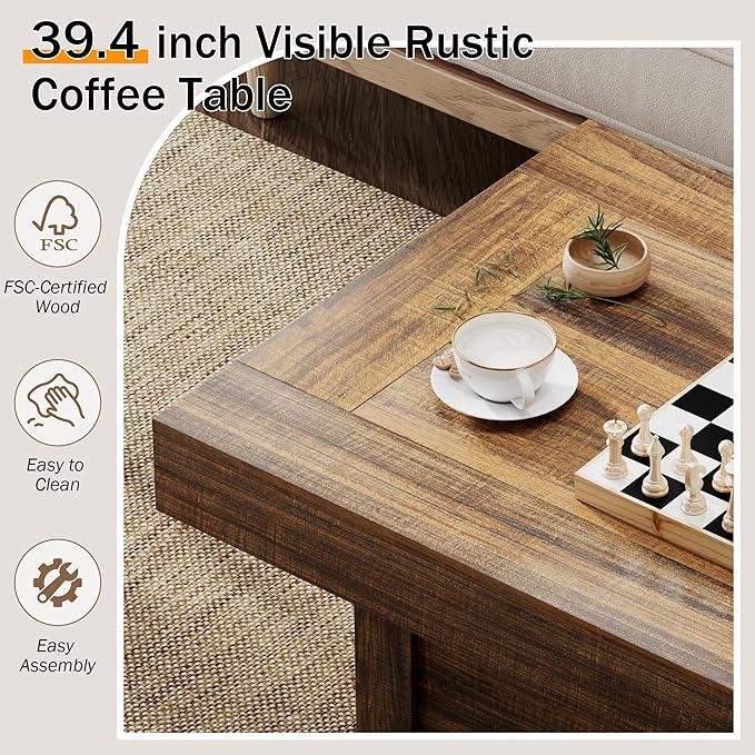 Coffee Table 39 in Rustic Center Table with X-Design Wooden Pedestal for Living Room, Space Saving, Easy Assembly Rectangle Home Office Tea Accent Table for Dining Room Apartment, Walnut