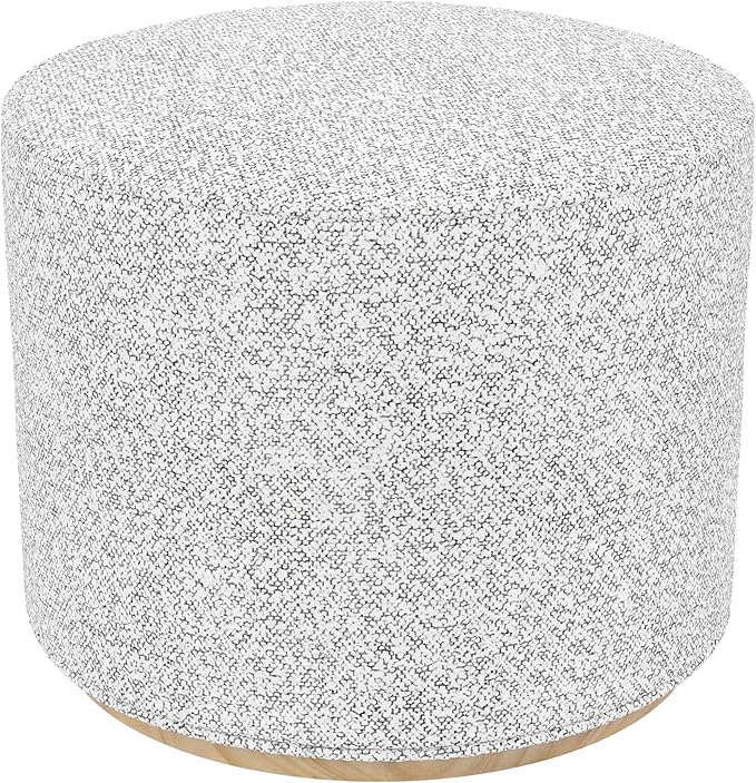Bouclé Ottoman with Wooden Base – 22” Round Upholstered Footrest, Cream Bouclé with Gray Yarns, Modern Accent Stool for Living Room & Bedroom