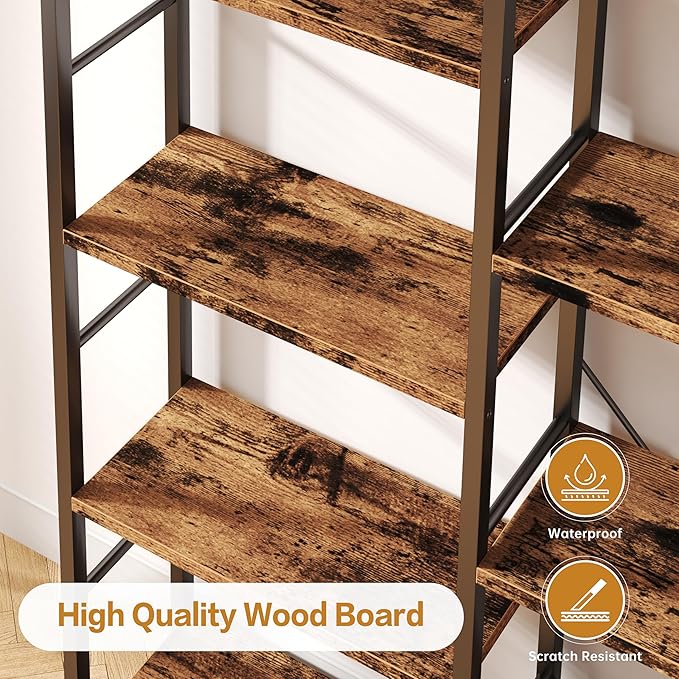 Shintenchi Triple Column 5 Tier Bookshelf, Industrial Large Bookcase Display Shelves, Large Etagere Bookshelf,Wide Book Shelf Book Case for Home & Office, Rustic Brown