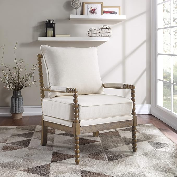 OSP Home Furnishings Fletcher Spindle Accent Chair with Rustic Brown Finish, Linen Upholstery