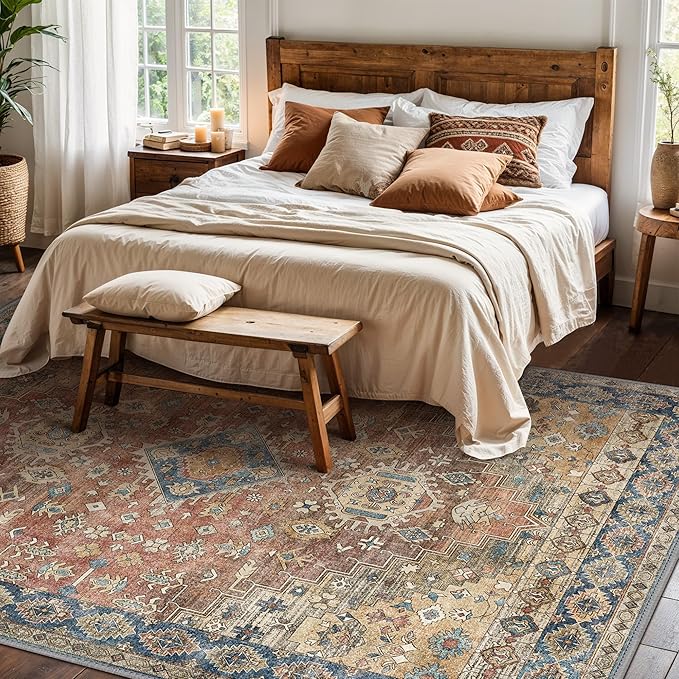 GENIMO 6x9 Area Rugs for Living Room, Machine Washable Non Slip Vintage Rugs, Low Pile Lightweight Chenille Print Rug for Bedroom, Dining Room, Home Office, Antique Red