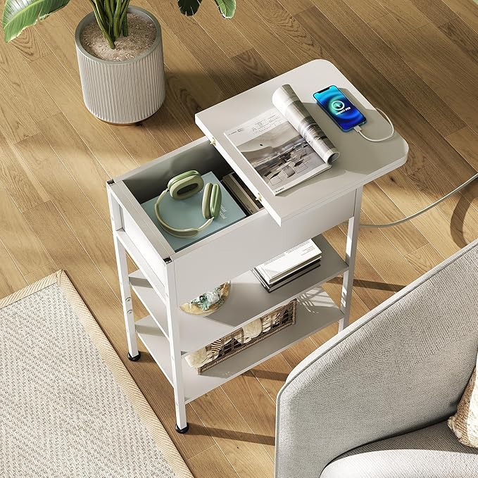 WLIVE End Table with Charging Station, Flip Top Side Table with Storage Shelf, Narrow Bedside Table for Living Room, Sofa Couch Table with USB Ports and Outlets, Bedroom Nightstand, White