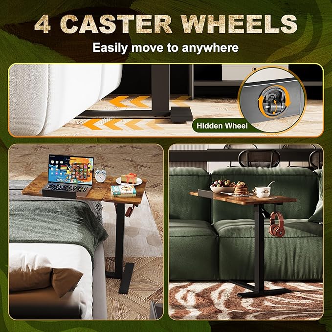 Standing Desk, Medical Overbed Table with Rolling Tray, Dual Pneumatic Angle and Height Adjustable Desk, Portable Side Table with Hidden Wheels, Home & Hospital Use, Rustic Brown