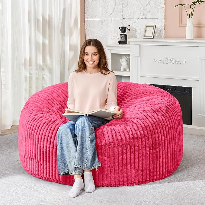 HABUTWAY 4FT Bean Bag Chair, 4' Large Bean Bag Chairs for Adults with Removable Stripe Plush Cover, Memory Foam Beanbag Chair for Living Room Bedroom Dorm (Pink)
