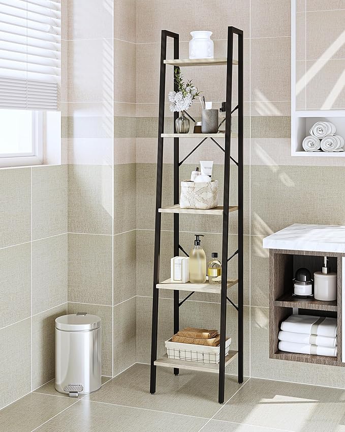 Ladder Shelf, Bookshelf Bookcase, Freestanding Corner Storage Shelve with 2 Hooks for Home Office, Living Room, Kitchen, Bedroom, Industrial, 5-Tier Greige BC03205B