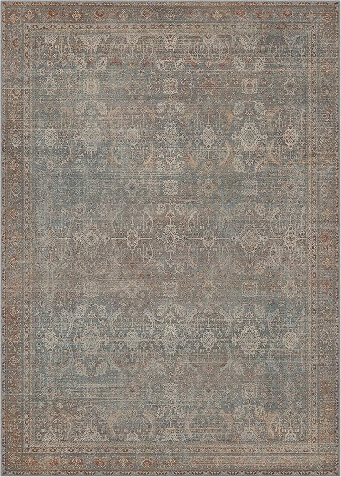 9X12 Area Rugs Machine Washable Rugs for Living Room, Vintage Boho Large Rugs for Bedroom Dining Room, Non Slip Indoor Soft Distressed Lightweight Thin Low Pile Carpet, Dusty Blue