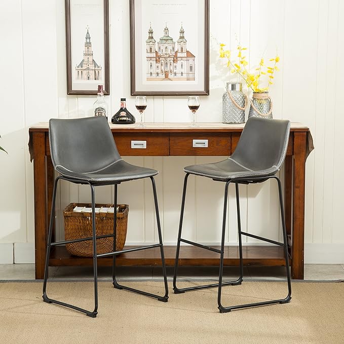 Roundhill Furniture Lotusville Vintage PU Leather Bar Stools, Antique Gray, Set of 2