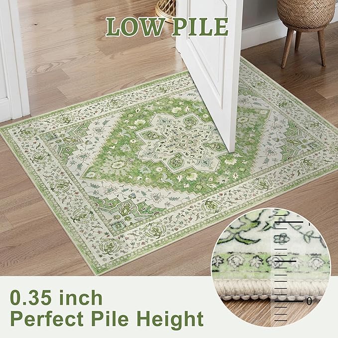 Tangsoo 5x7 Area Rug Washable Rug for Living Room, Vintage Indoor Non Slip Large Area Rugs, Print Distressed Green Carpet, Soft Low Pile Foldable Floor for Bedroom Dining Room Dorm