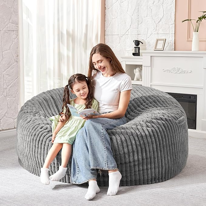 HABUTWAY 3FT Bean Bag Chair, 3' Large Bean Bag Chairs for Adults with Removable Stripe Plush Cover, Memory Foam Beanbag Chair for Living Room Bedroom Dorm (Grey)