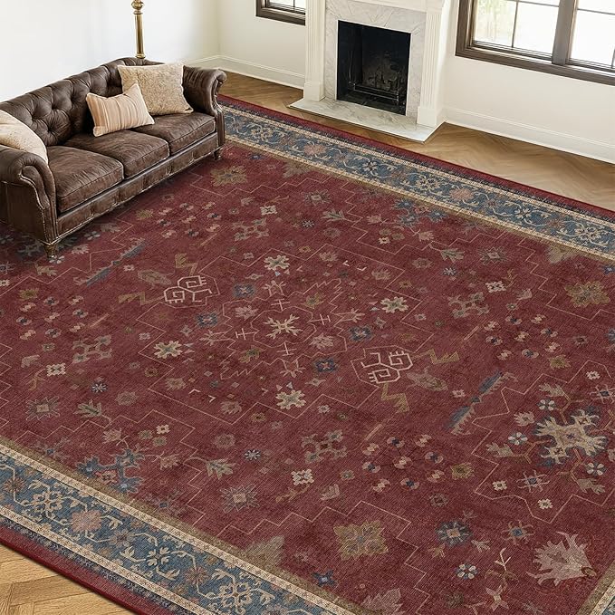 Moroccan Big Rugs for Living Room - Dark Red 10x12 Area Rug for Large Bedroom, Dining Room, Washable Lightweight Foldable Oriental Burgendy Home Décor