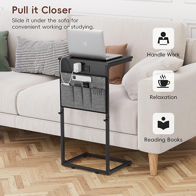 Vagusicc C-Shaped End Table Set of 2 with Charging Station, Small Side Table for Couch, Adjustable Height Couch Side Table, Slide Under Sofa Table TV Tray Tables for Living Room,Bedroom,Bedside, Black