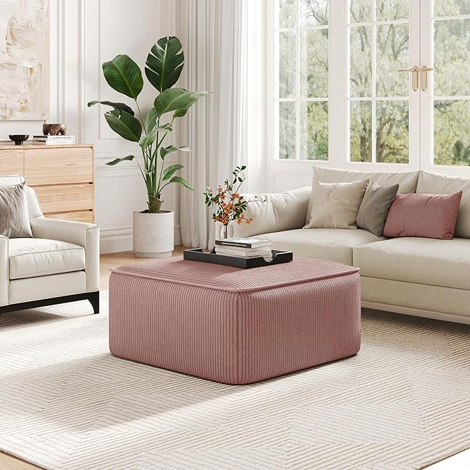 Christopher Knight Home Isa Square Ottoman Footstool, Corduroy Pouf Poufee Footrest Ottoman Large Seat, Modern Side Table for Living Room Bedroom Home Decor, Pink, 30"