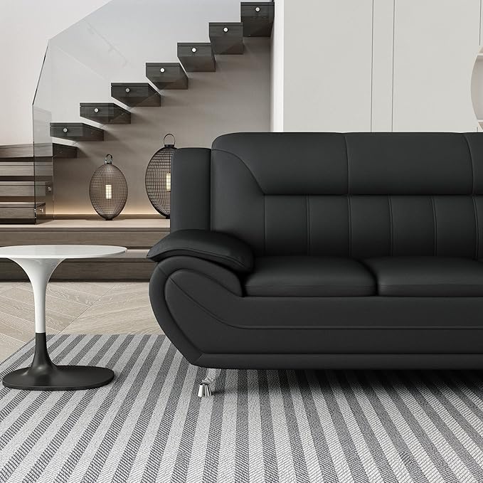 Container Furniture Direct Michael Modern Faux Leather Upholstered Stainless Steel Legs Living Room Sofa, Loveseat, Midnight