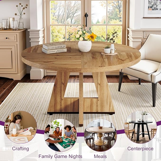Round Dining Table for 4, 47" Wooden Kitchen Dinner Table Rustic, Farmhouse Table for Dining Room, Living Room, Light Oak Brown