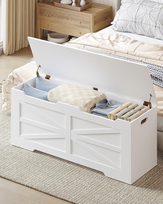 47.2" Storage Chest, Extra Large Storage Trunk with 2 Safety Hinges, Wooden Box Bench, Lift-Top Organizer Chest, Shoe Bench for Entryway, Bedroom, Living Room, White SB13403X