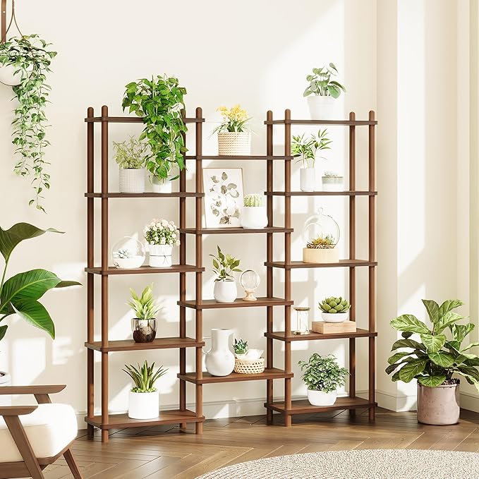 IOTXY Wooden Triple Wide Bookshelf - 5-Tier Large Shelf Bookcase with Solid Beech Frame, Tall Freestanding Open Etagere Display Rack for Home Office, Walnut