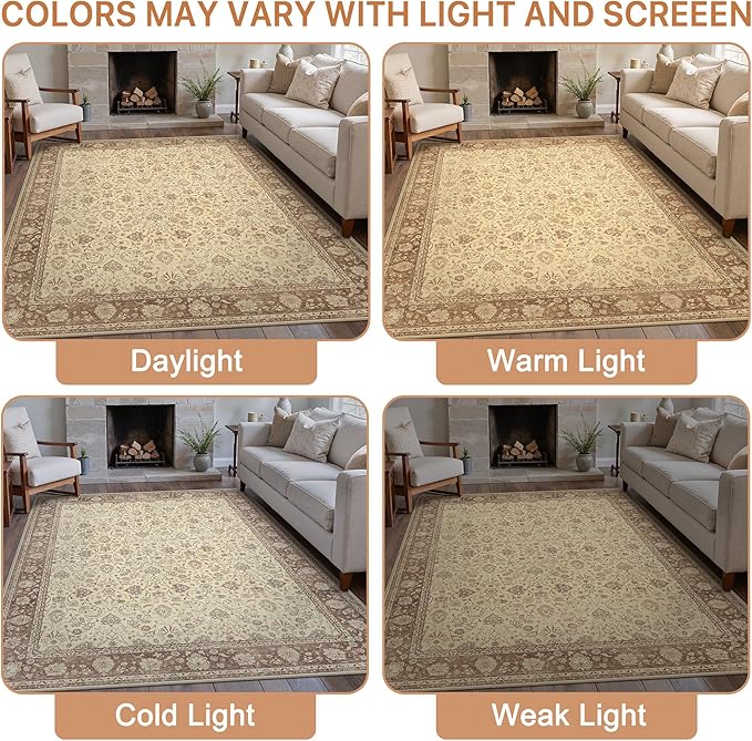 8X10 Area Rugs Machine Washable Rugs for Living Room, Vintage Boho Large Rugs for Bedroom Dining Room, Non Slip Indoor Soft Distressed Lightweight Thin Low Pile Carpet, Light Brown