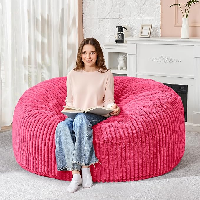 HABUTWAY 5FT Bean Bag Chair, 5' Large Bean Bag Chairs for Adults with Removable Stripe Plush Cover, Memory Foam Beanbag Chair for Living Room Bedroom Dorm (Pink)