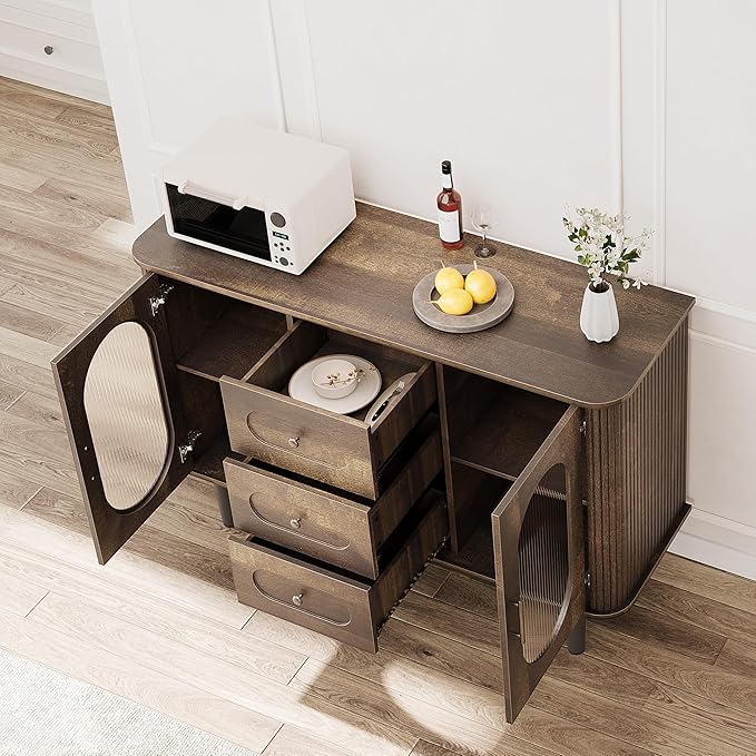 GarveeHome 47.2" Sideboard Buffet Cabinet with 2 Fluted Glass Doors & 3 Drawers, Modern Farmhouse Accent Coffee Bar with Adjustable Shelves for Kitchen, Living Room, Hallway, Walnut