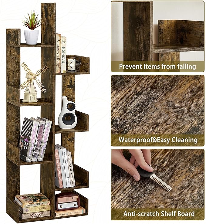 VECELO 8-Tier Tall Cactus-Shaped Tree Bookshelf, Vertical Bookcase with Waterproof Shelves & Rounded Corners, Modern Display Rack for Small Spaces in Living Room, Office, Bedroom, Rustic Brown