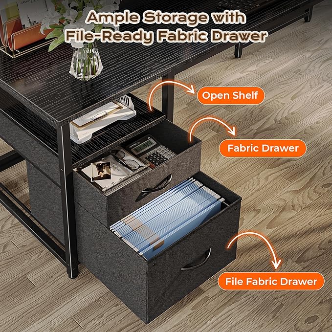 PRAISUN 63 Inch L Shaped Desk with Power Outlets and USB-C Port, Computer Corner Home Office Desk with File Fabric Drawers and Movable Monitor Stand, Larger Storage, Gaming, Writing, Work, Black