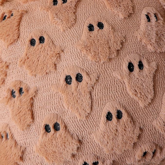 4TH Emotion Halloween Ghost Decorative Pillow Covers 18x18 Set of 2, Light Brown Soft Plush Faux Fur Farmhouse Throw Cushion Cases for Fall Autumn Holiday Home Decorations