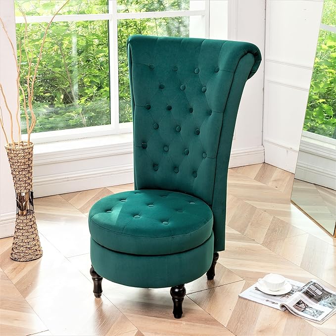 Container Furniture Direct Royal High-Back Velvet Accent Chair for Vanity with Storage and Luxurious Upholstery, Retro Design and Versatile Usage for Living Room, Bedroom, Lounge and Office, Green