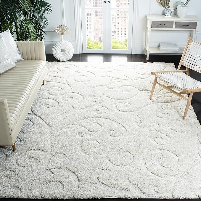 SAFAVIEH Florida Shag Collection Area Rug - 9'6" x 13', Creme & Creme, Scroll Design, Non-Shedding & Easy Care, 1.2-inch Thick Ideal for High Traffic Areas in Living Room, Bedroom (SG455-1111)