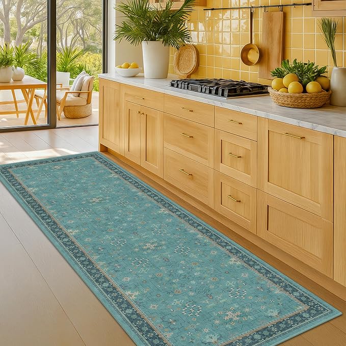 Boho 2x6 Non Slip Kitchen Rug Runner - Teal Washable Rug for Bathroom, Laundry Room, Hallway, Non Slip with Rubber Backing, Floral Aqua Blue Unique Runner Décor